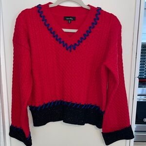 Lea & Viola Red, Black and Blue Women's V-Neck  Sweater | M